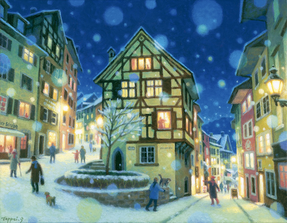 笹倉鉄平の絵画作品　タイトルは、雪舞う街角に